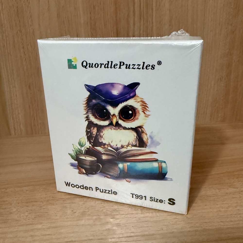 QuordlePuzzles Owl Wooden Puzzle - White Box with Purple Accent